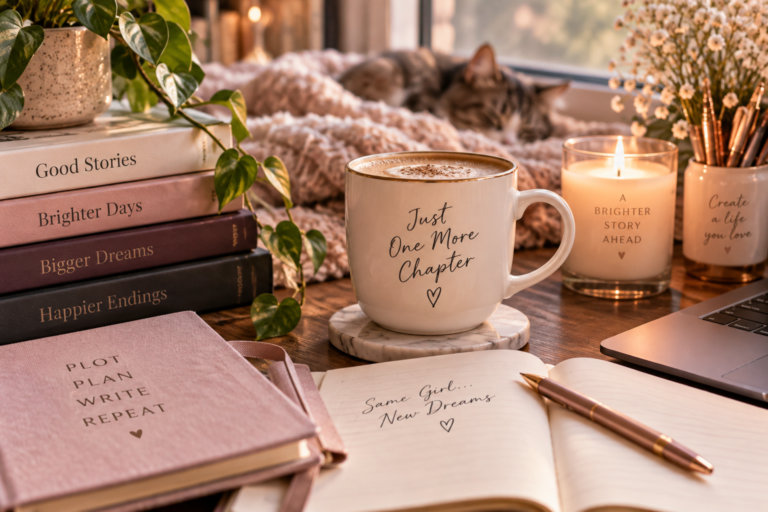 Cozy writing desk with books, coffee, an open journal, candles, flowers, and a sleeping cat by a sunny window.
